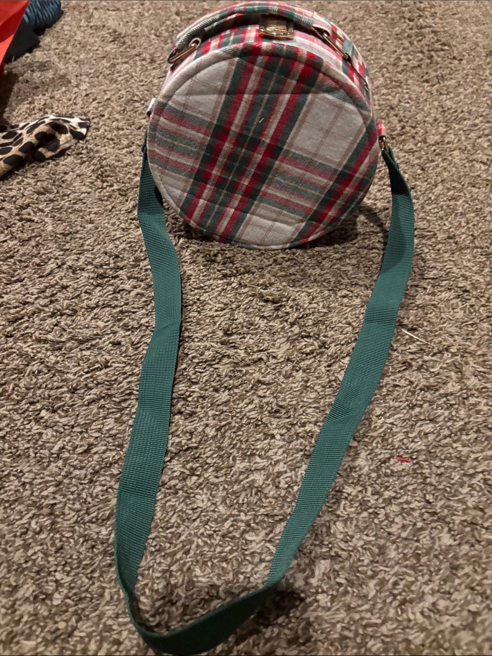 Round Plaid Crossbody Bag in Red, Green & Cream